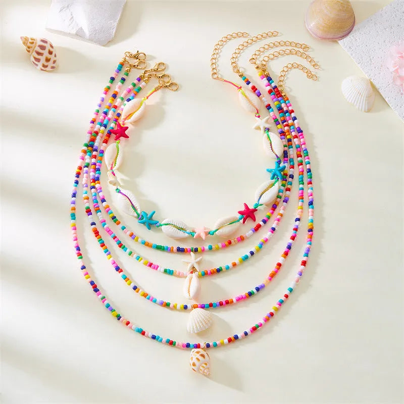 Women's 5-piece starfish shell bead necklace set with adjustable perimeter