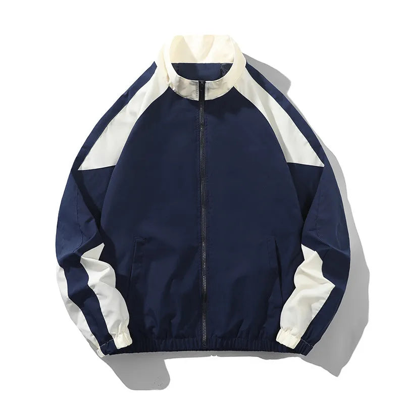 Men's black polyester jacket with contrast stitching and side seam pockets on a model