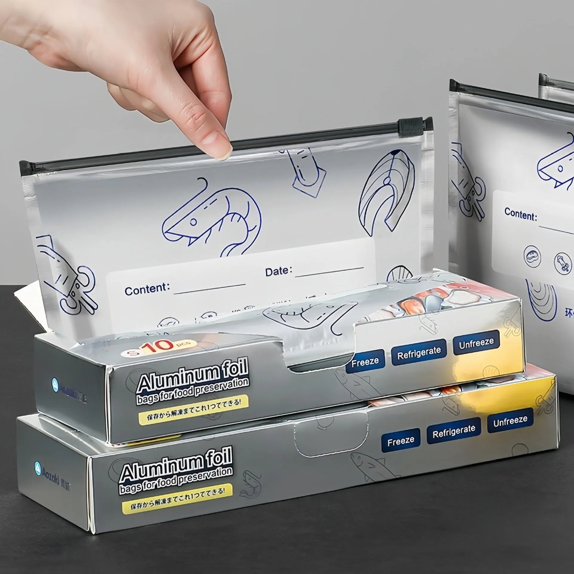 Pack of 10 aluminum foil fresh-keeping bags in three sizes for food storage.