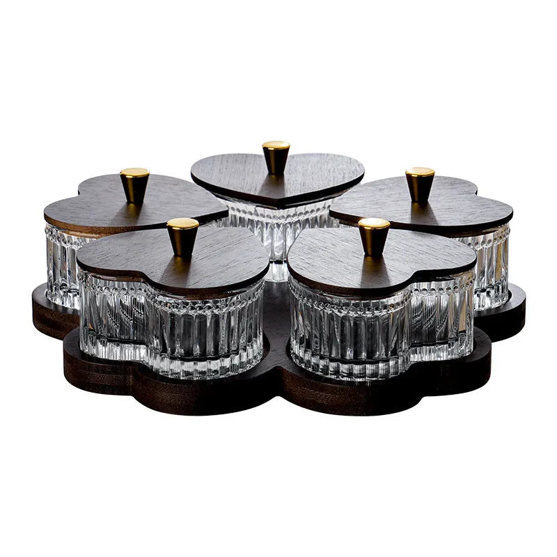 Glass fruit platter set with transparent heart-shaped lid in mild luxury retro style
