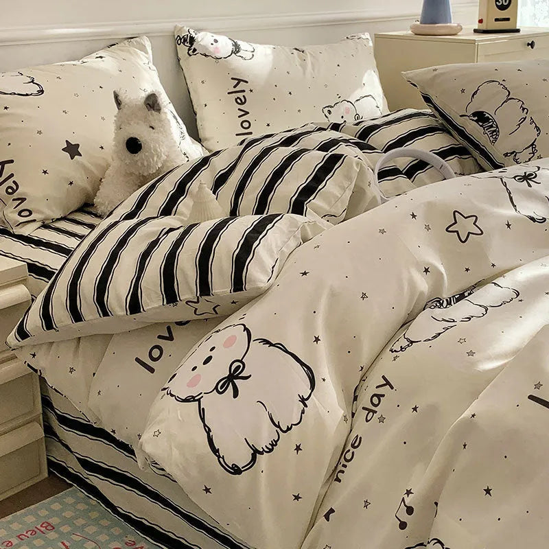 Cartoon anime dog pattern on a pure cotton four-piece bedding set including duvet cover and pillowcases.