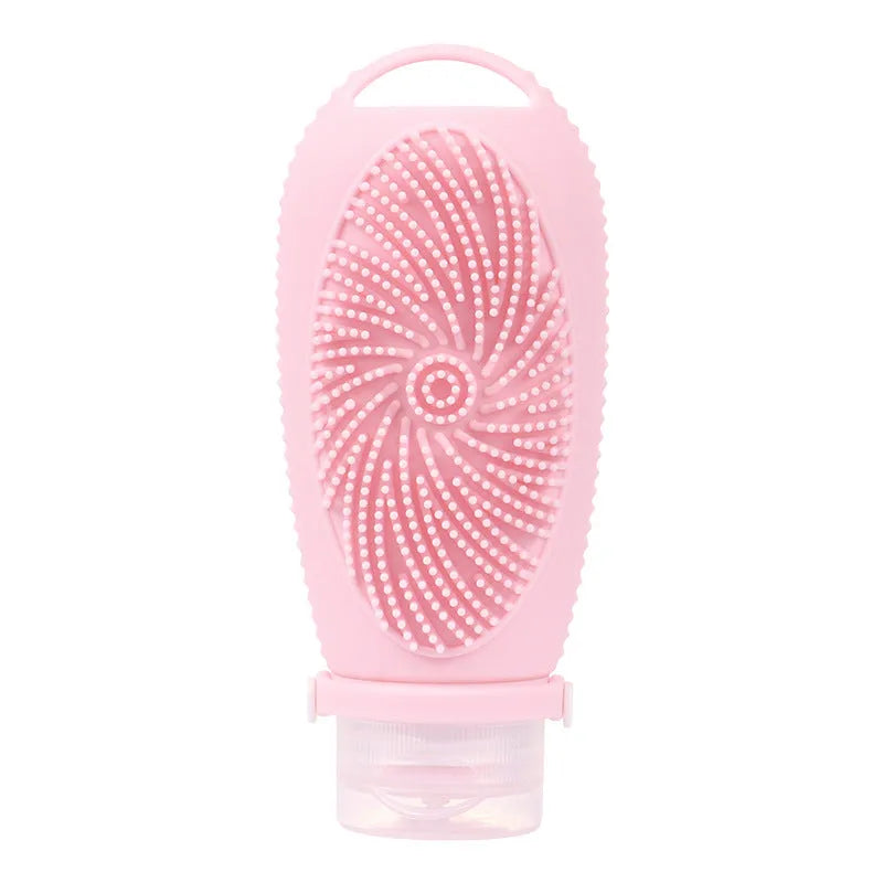 Silicone bath brush storage bottle in various colours showing 100ml capacity for bathroom organisation