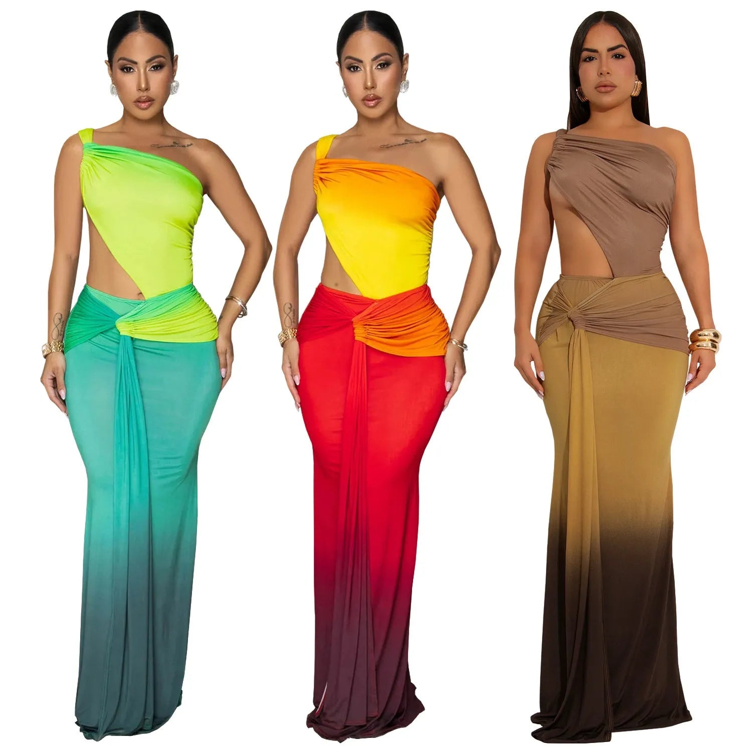 Women's long gradient dress with oblique shoulder and sleeveless design in green.