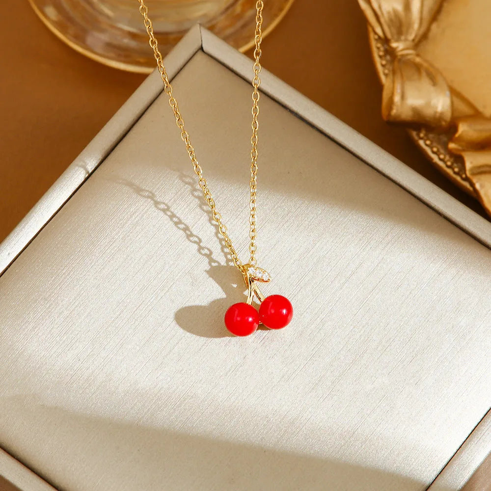 Women's titanium steel necklace with O-ring chain and indie style strawberry, cherry and pepper pendant charms