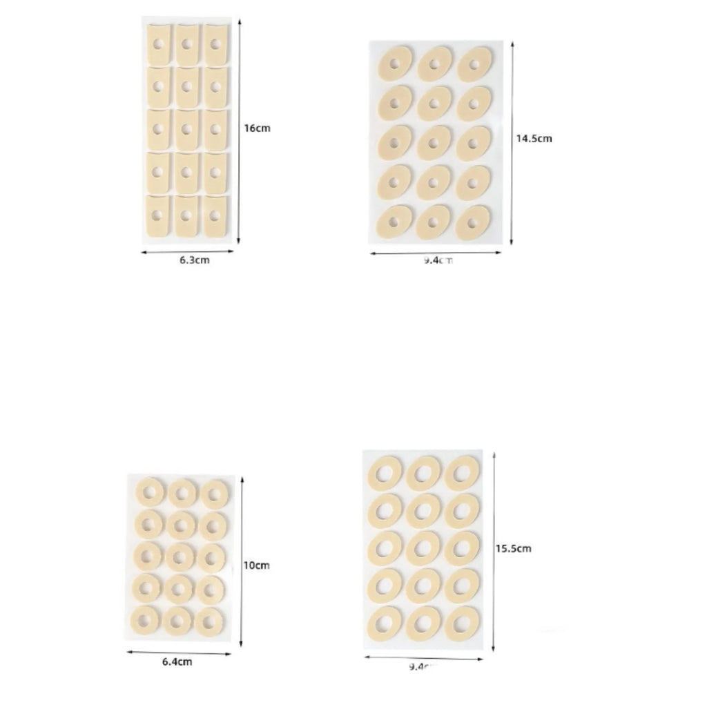 Women's PU heel corn protectors showing four different shapes: circular, large oval, small oval, and U-shaped pads
