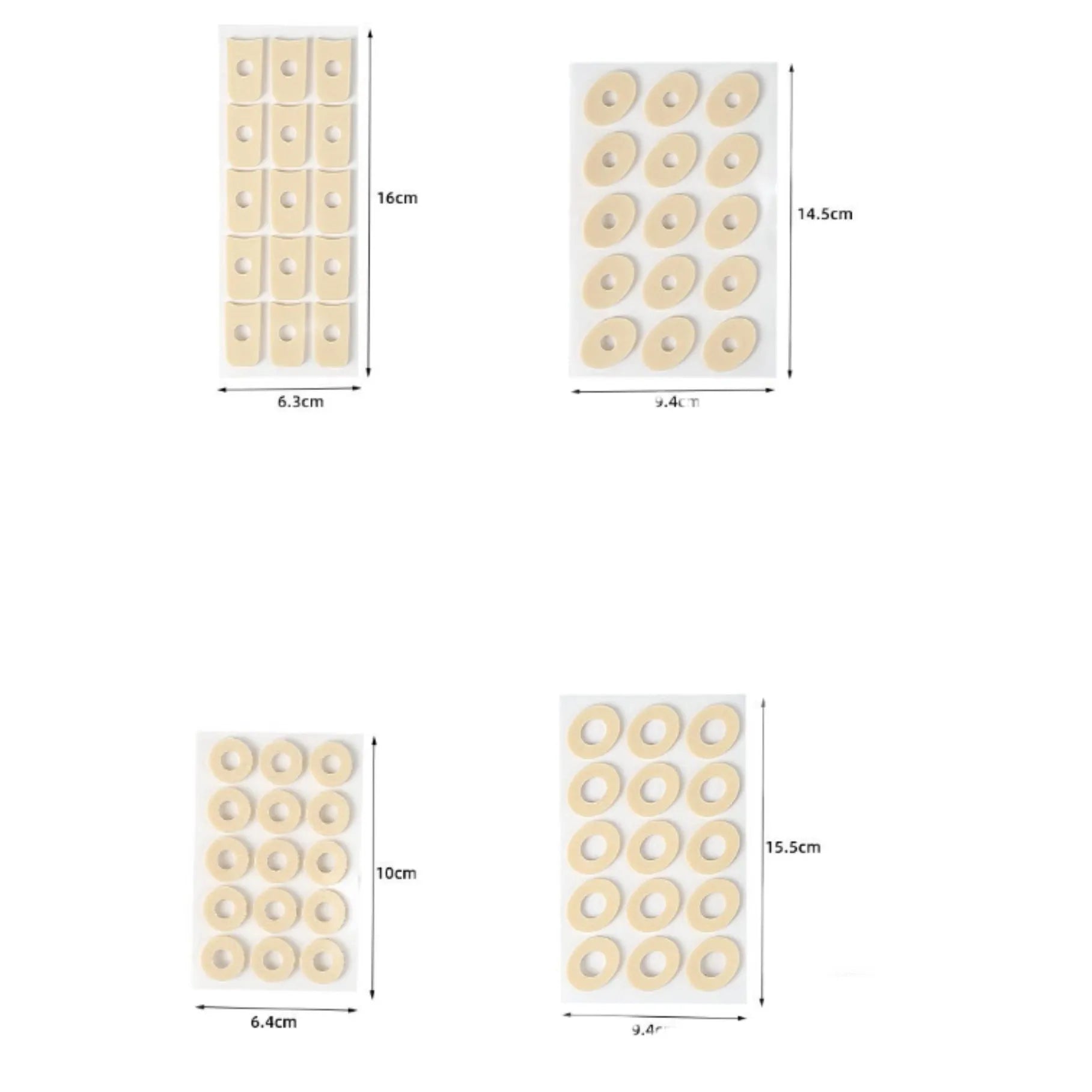 Women's PU heel corn protectors showing four different shapes: circular, large oval, small oval, and U-shaped pads
