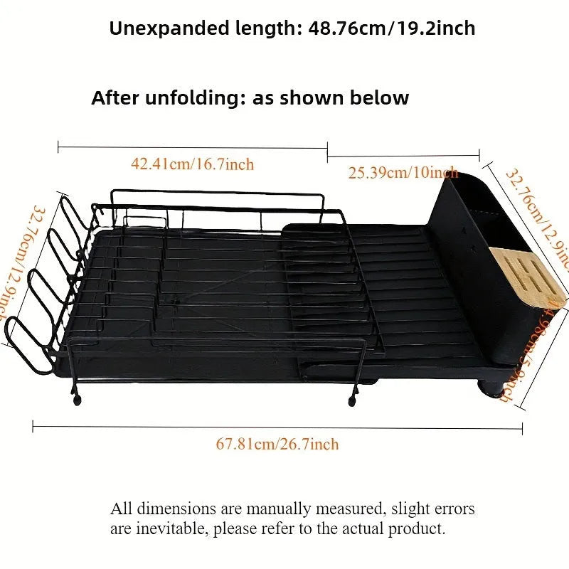 Retractable foldable carbon steel kitchen dish rack holding cutlery and cups