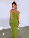 Backless women's dress with spaghetti straps in milk silk fabric, slim fit hip design, available in Champagne and yellow green colours
