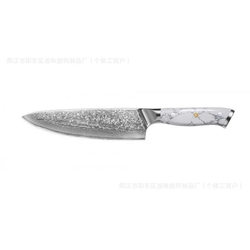 Damascus pattern chef's knife with VG10 steel blade and modern handle for kitchen use