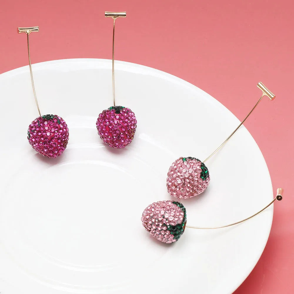 Geometric zinc alloy strawberry earrings for women with spot drill texture in red, pink, purple, champagne, pink & white, and white powder.