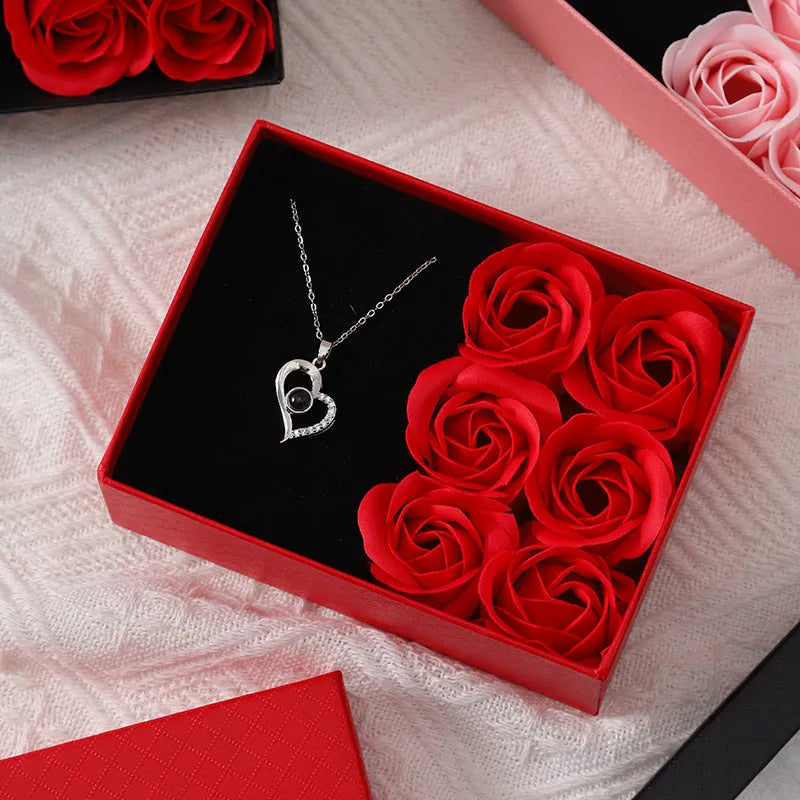 Korean style soap flower gift box containing six roses with gift box and handbag in red, pink or black colours