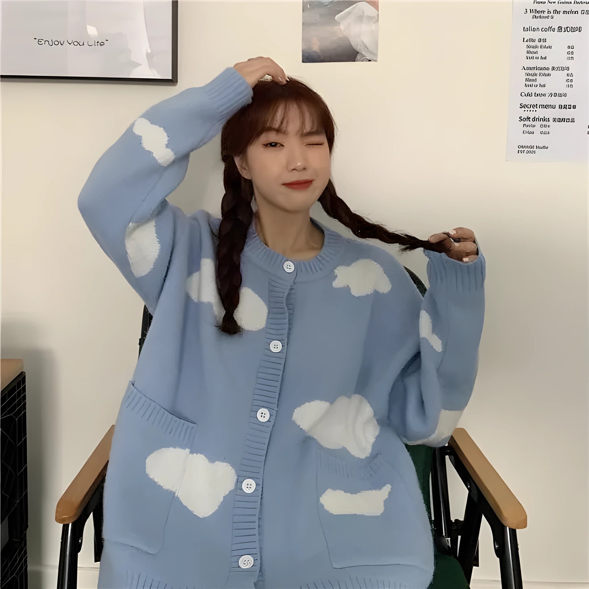 Blue cloud pattern women's cardigan sweater with loose fit and long sleeves