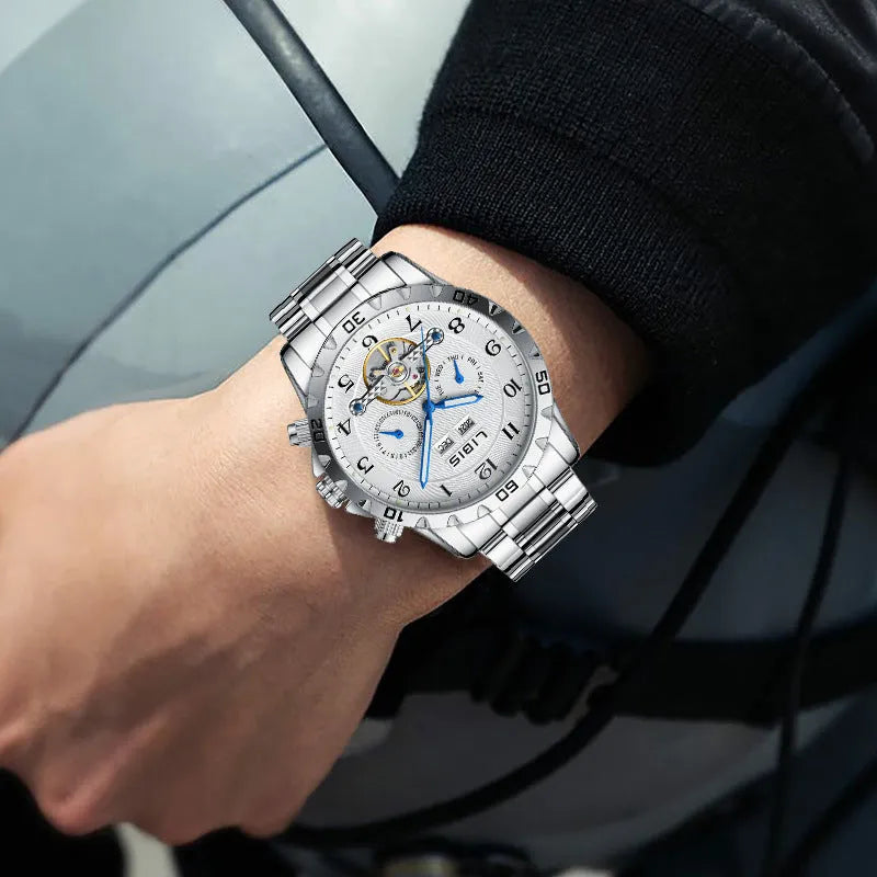 Silver stainless steel automatic perpetual calendar mechanical watch with sapphire crystal glass