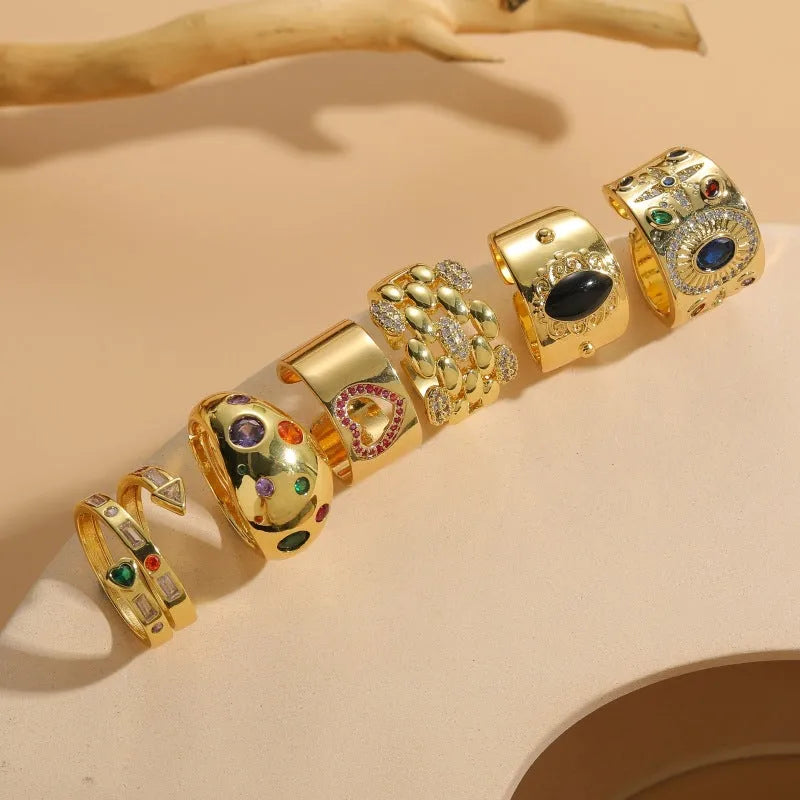 Geometric horse eye black copper ring with vintage zircon stone, Chinese style women's jewellery.