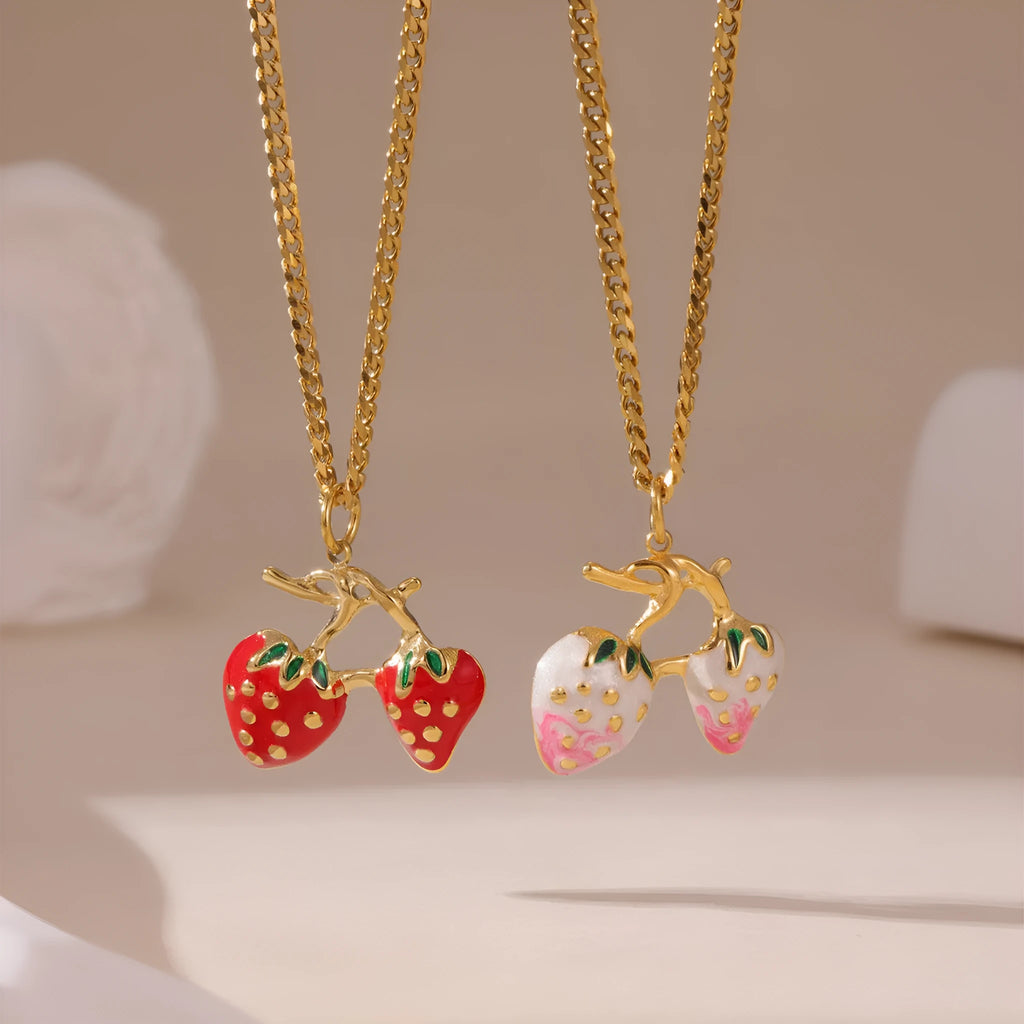 Strawberry fruit pendant necklace for women in stainless steel alloy with red or white gradient colour options