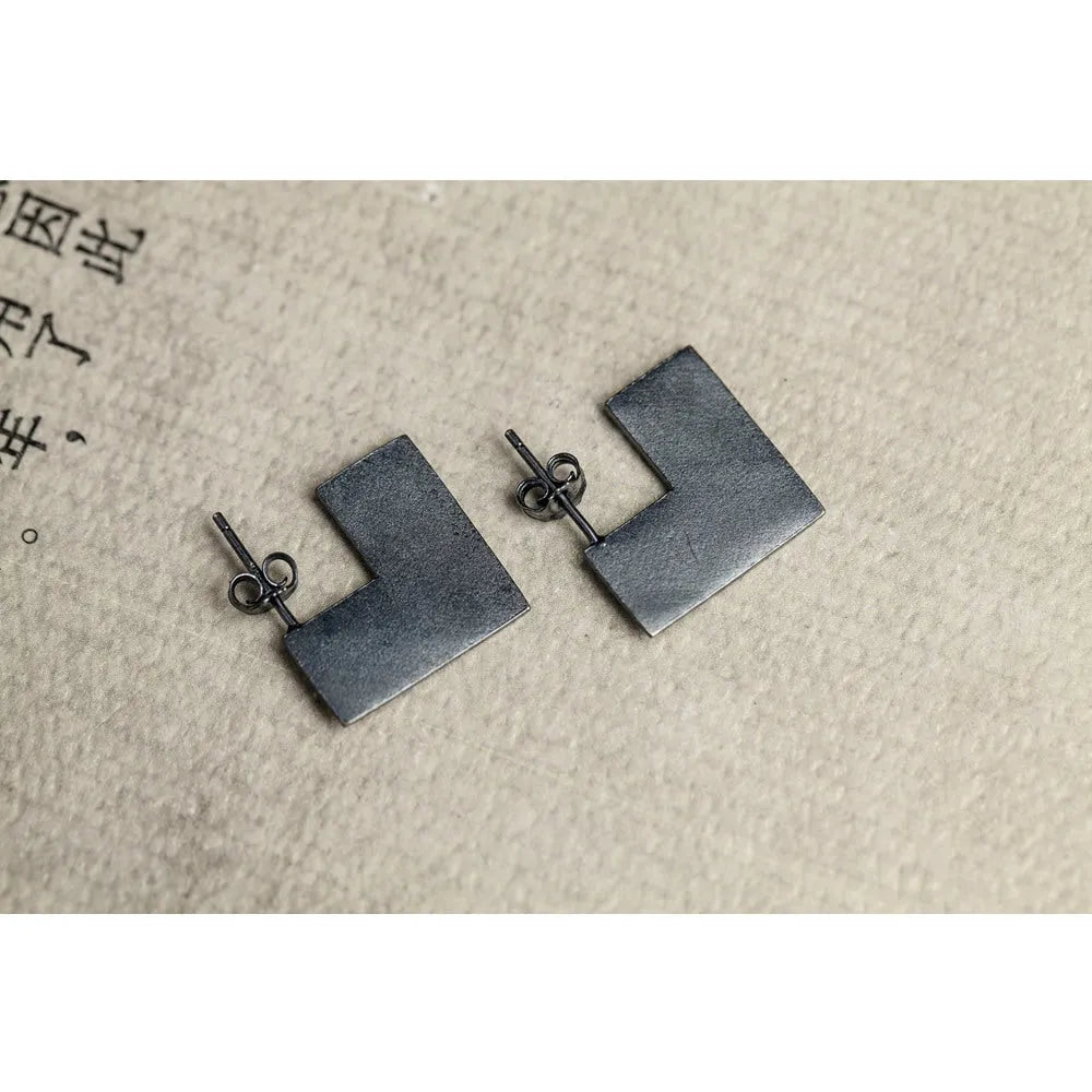 Oxidised black geometric square sterling silver earrings with minimalist design