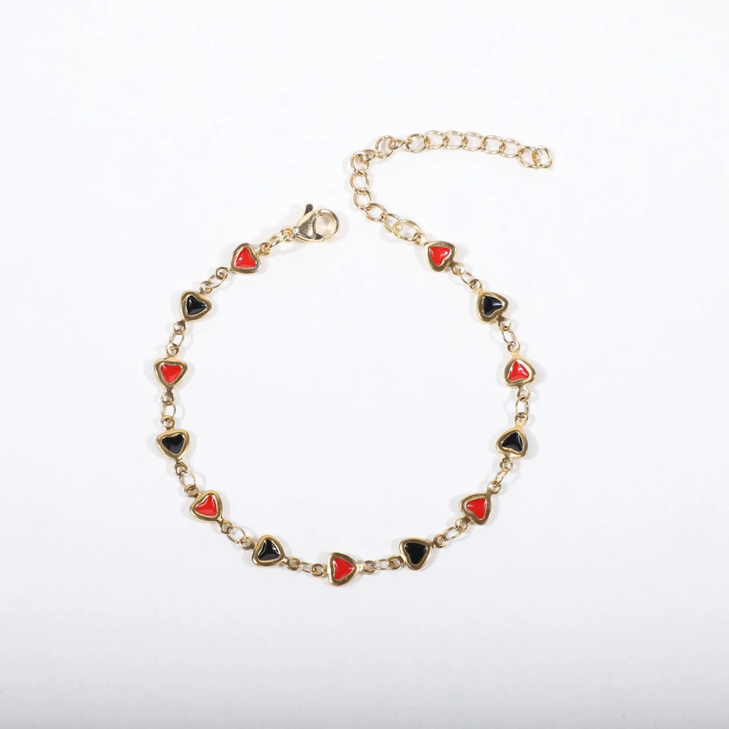 Heart shaped stainless steel bracelet with gold plating in multiple colour options showing adjustable 17+5cm length