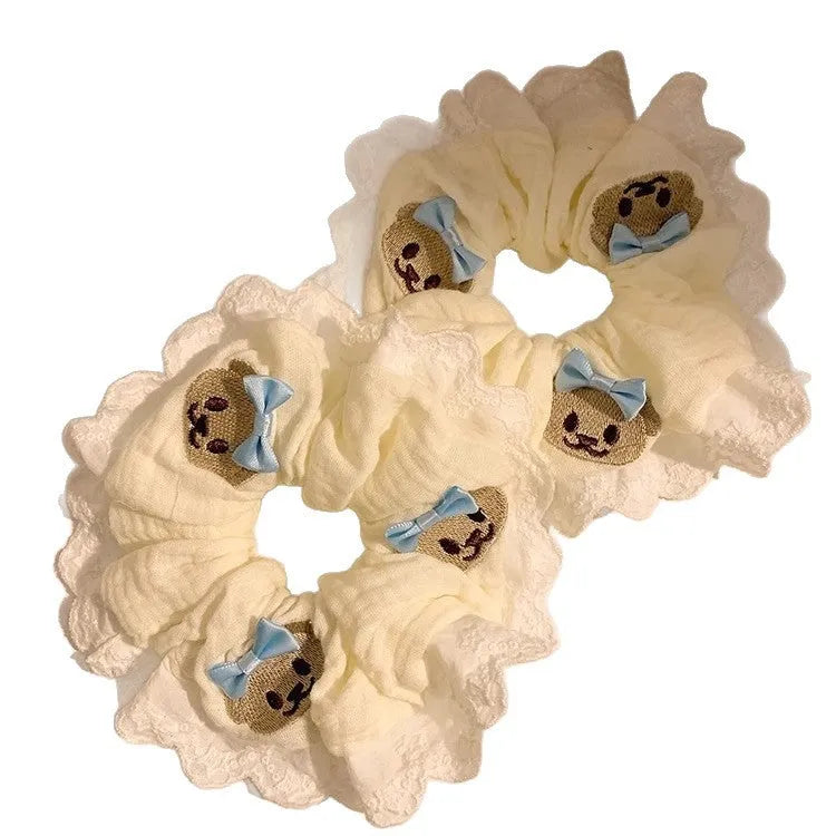 Bear blue bow and lace elastic cloth hair ring headband