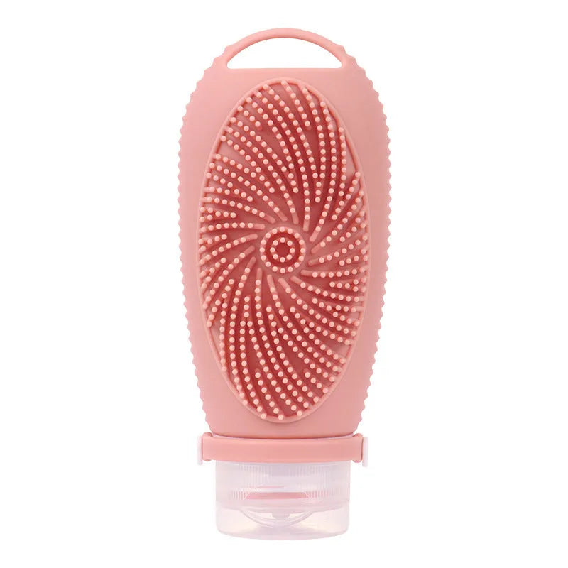 Silicone bath brush storage bottle in various colours showing 100ml capacity for bathroom organisation