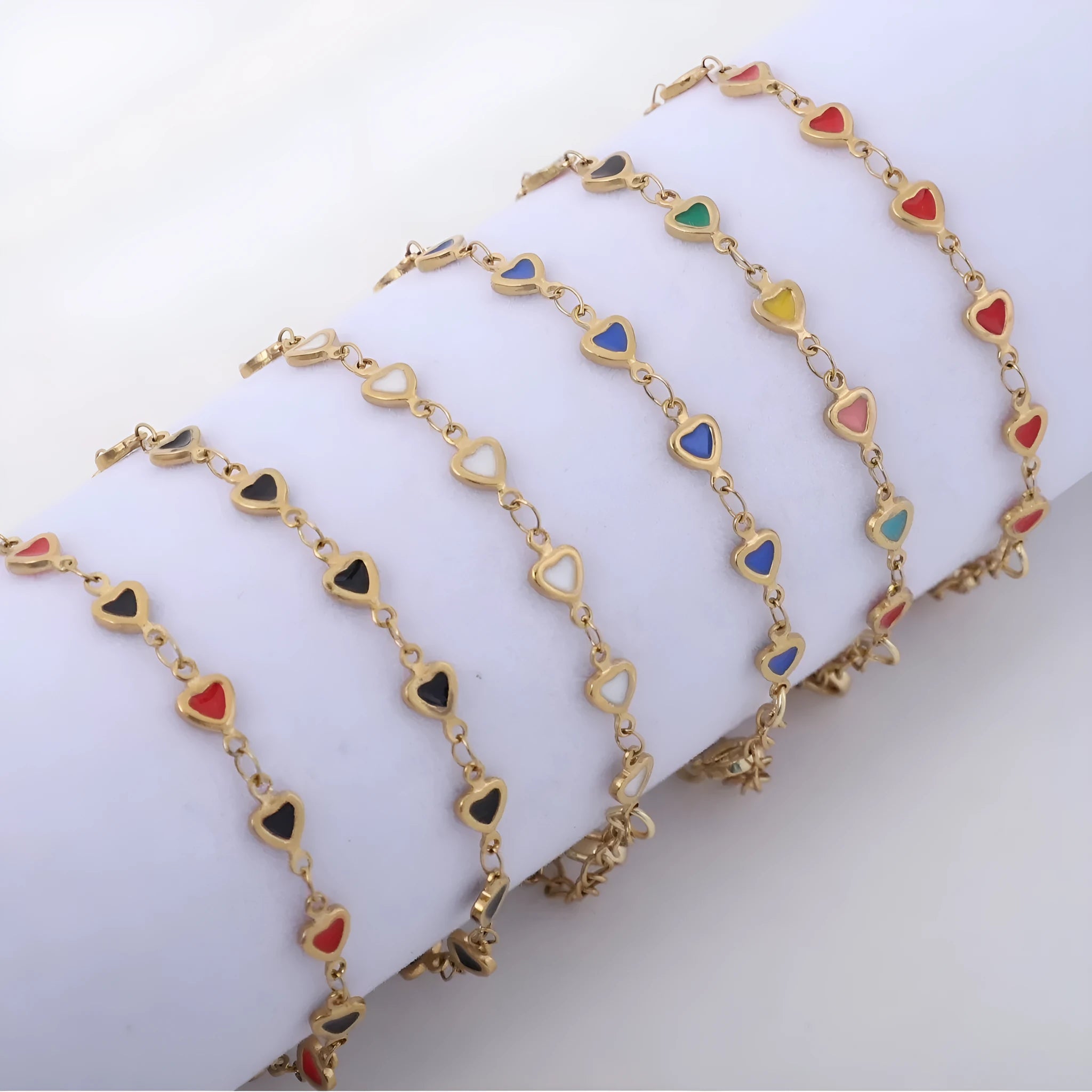 Heart shaped stainless steel bracelet with gold plating in multiple colour options showing adjustable 17+5cm length