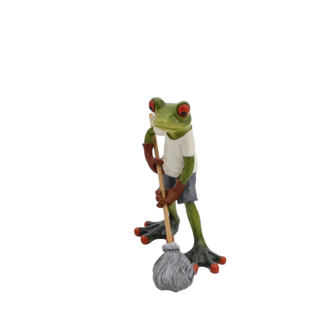 Pastoral style synthetic resin frog sculpture decoration for home interiors.