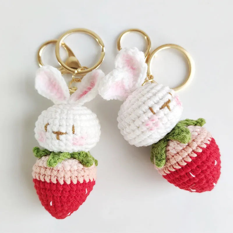 Hand-woven rabbit strawberry wire pendant with key attachment for jewellery making