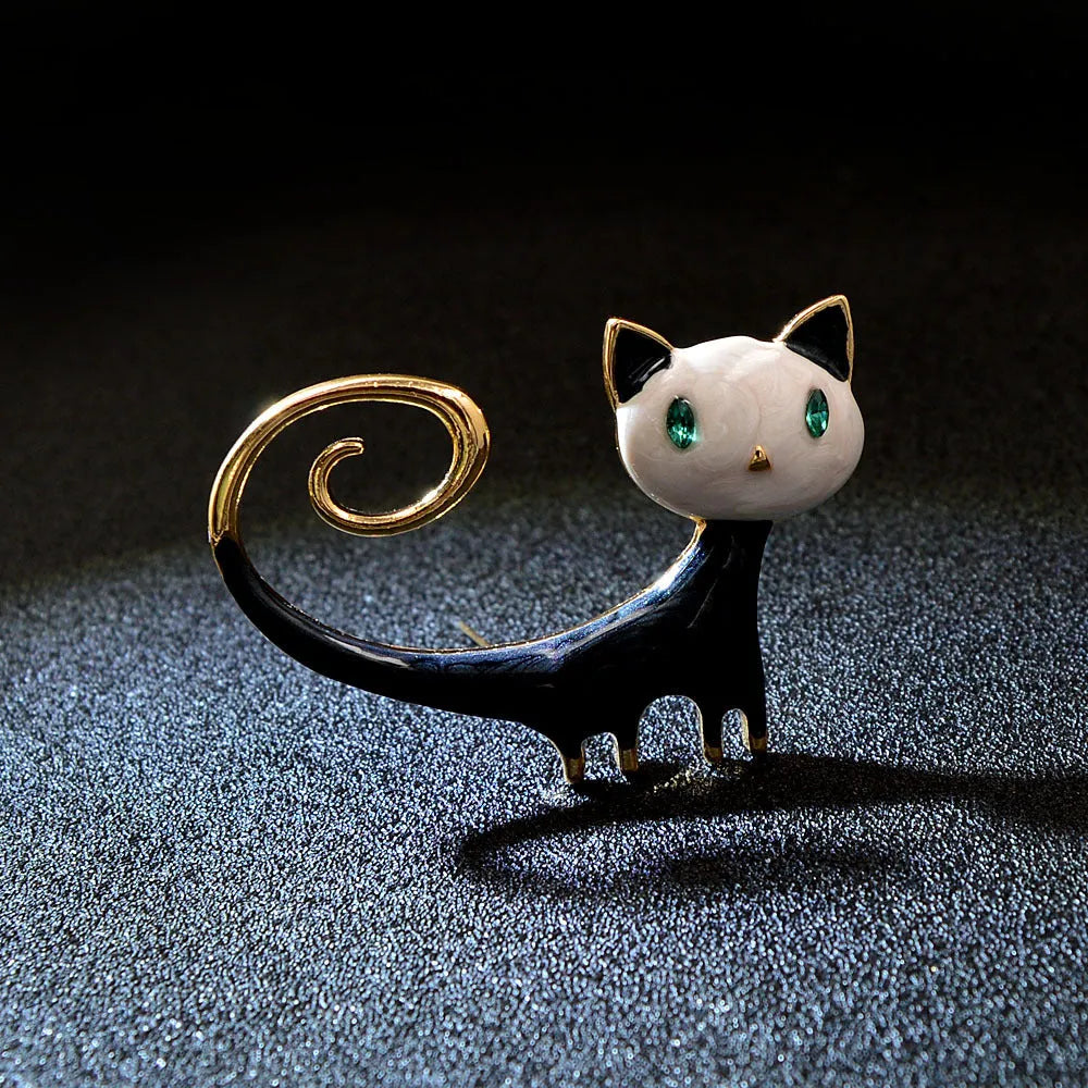 Personalised painted kitten brooch with tail-up cat design in alloy metal, white or orange colour option