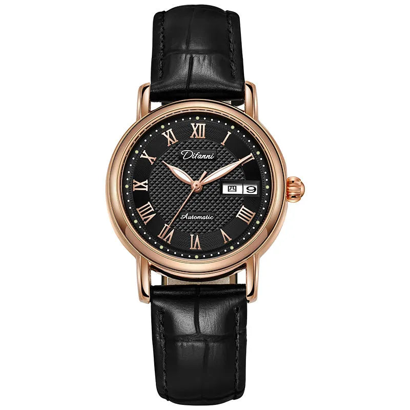 Women's automatic mechanical watch with 12mm case on steel bracelet and leather strap colour options