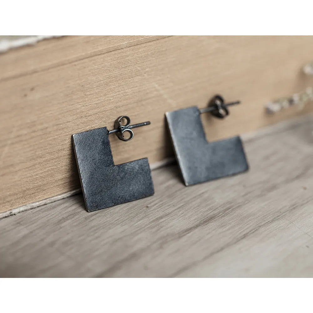 Oxidised black geometric square sterling silver earrings with minimalist design