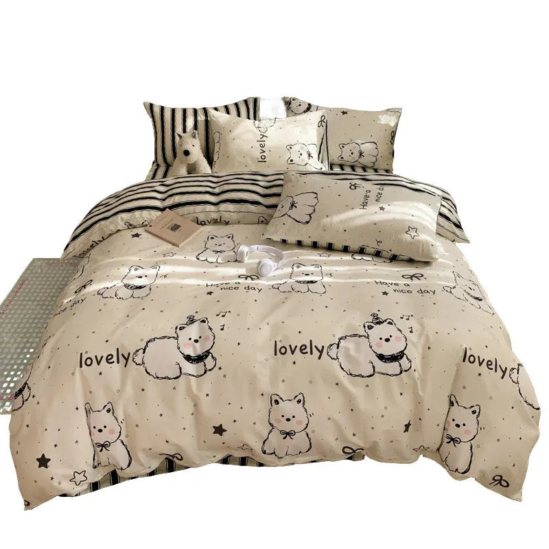 Cartoon anime dog pattern on a pure cotton four-piece bedding set including duvet cover and pillowcases.
