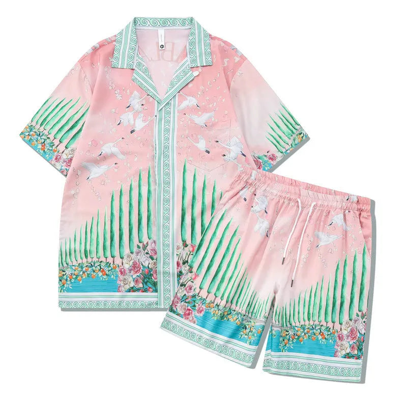 Plaid patterned beach shirt and trousers outfit set for men and women in polyester fabric