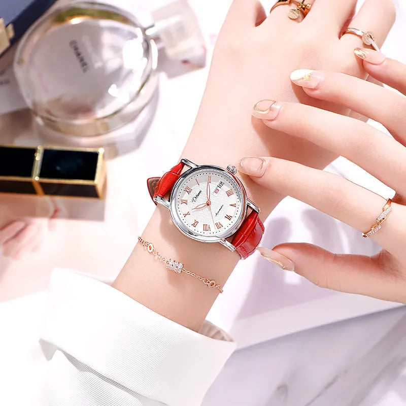 Women's automatic mechanical watch with 12mm case on steel bracelet and leather strap colour options