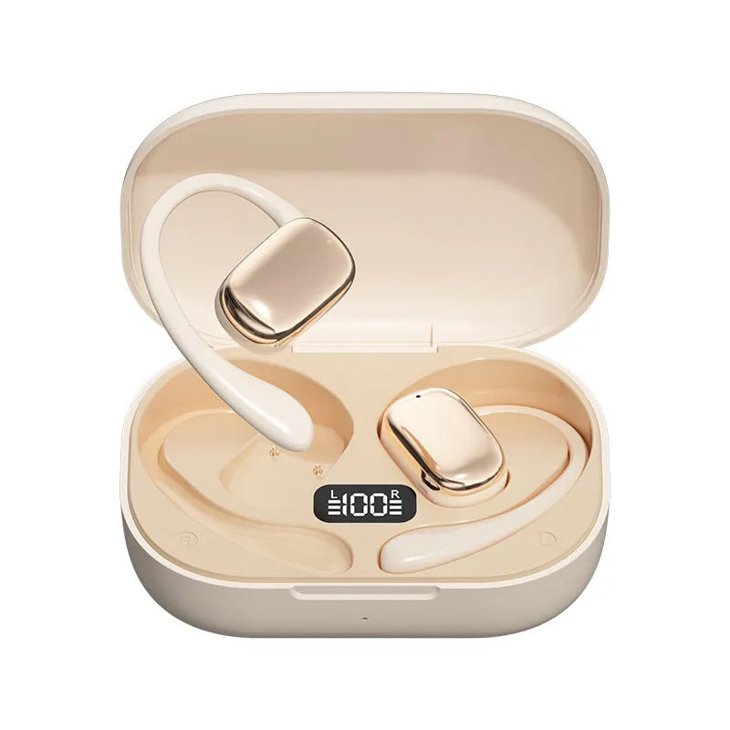 Ear-mounted headphones with digital display screen in skin colour, black, and white options.