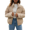 Women's apricot corduroy wadded jacket with stand collar and zip front in street fashion style