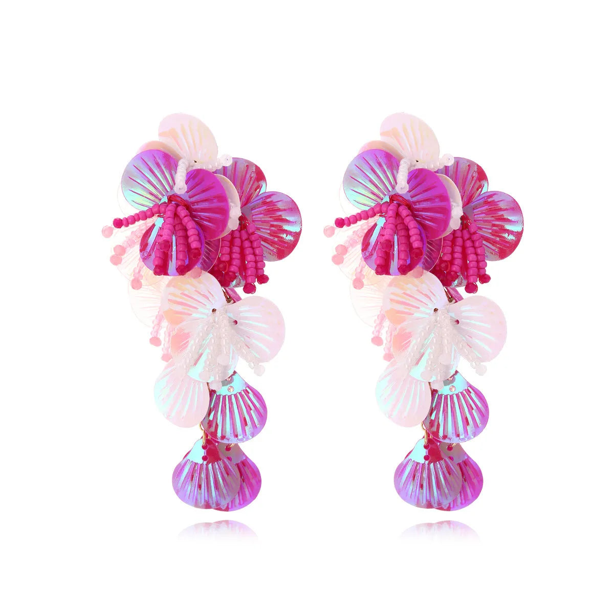 Handmade colourful flower earrings with string bead design in rose and purple tones