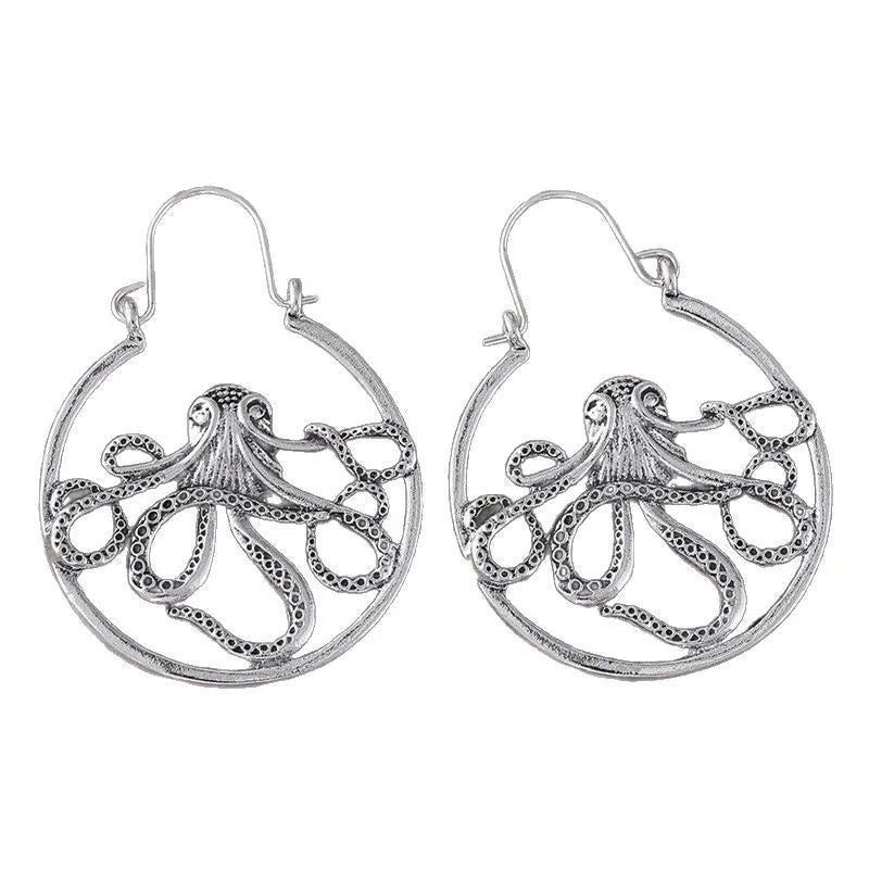 Vintage octopus earrings in antique silver finish with retro animal styling