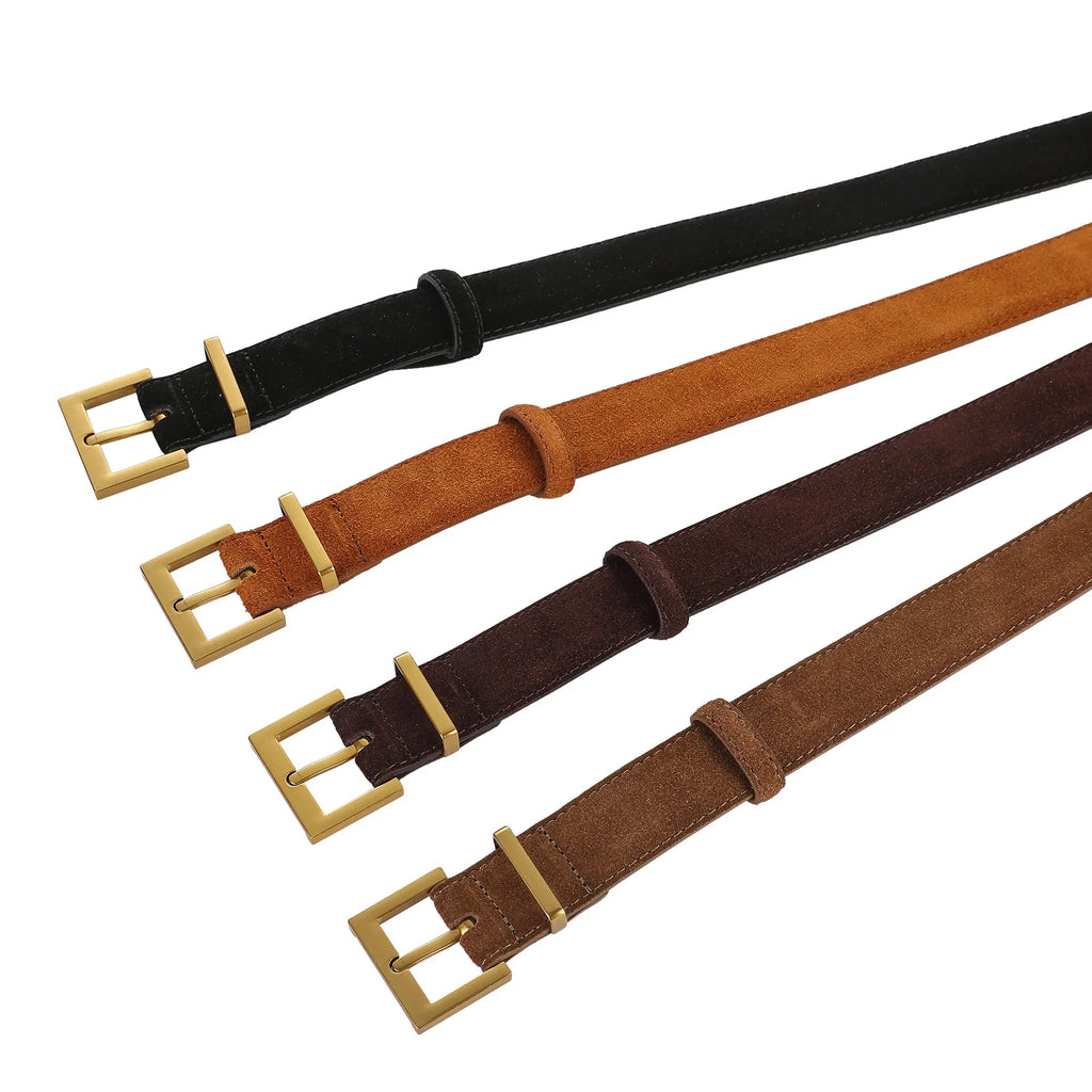 Ladies' leather pin buckle belt with quadrilateral alloy buckle in four colour options
