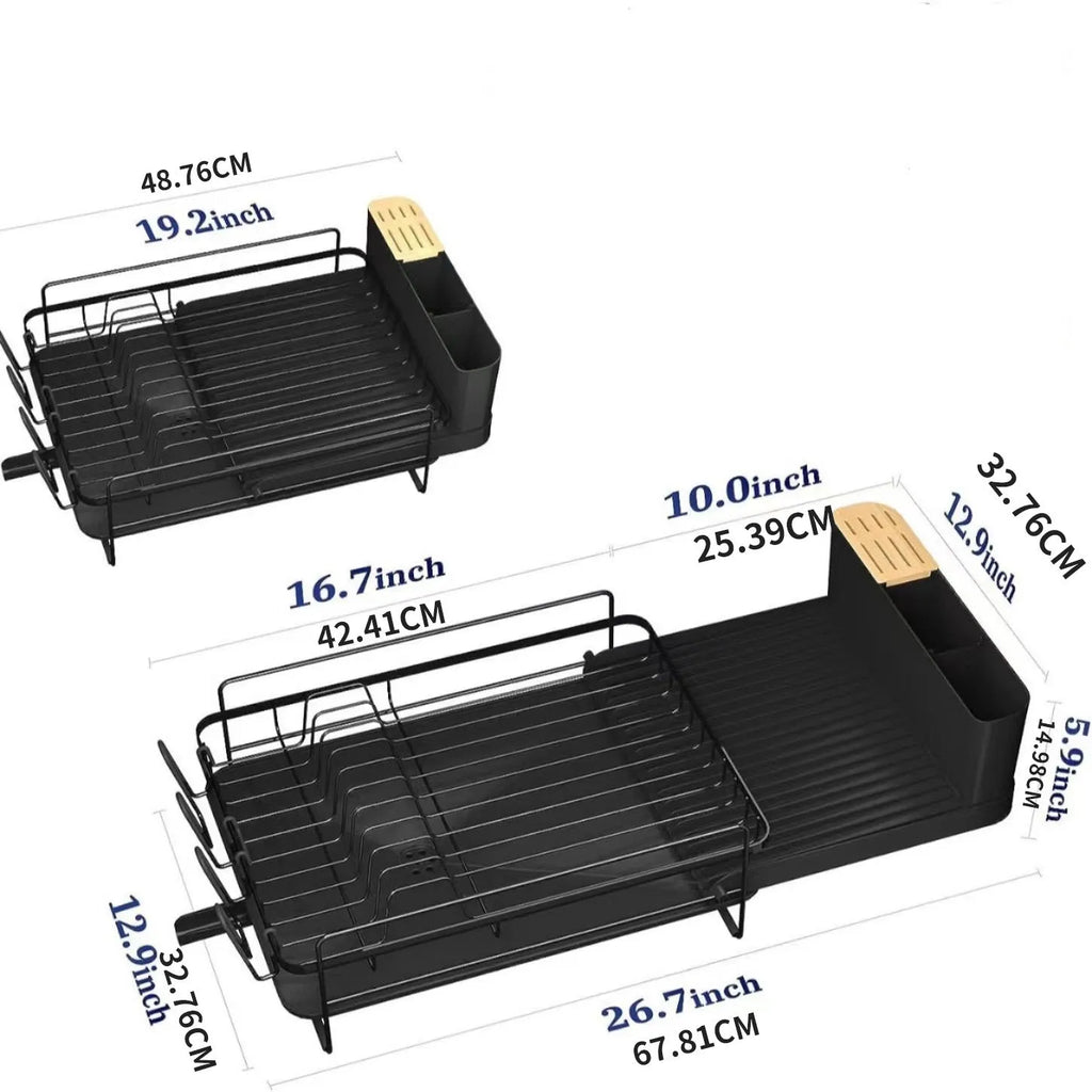 Retractable foldable carbon steel kitchen dish rack holding cutlery and cups