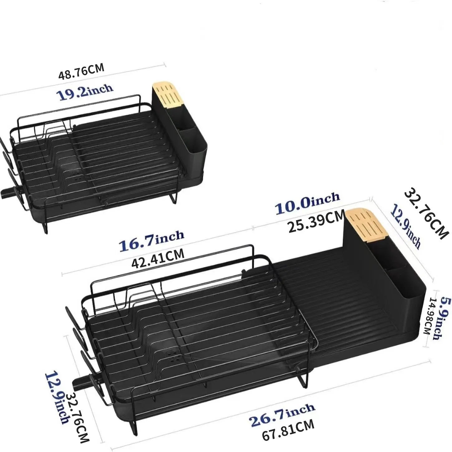 Retractable foldable carbon steel kitchen dish rack holding cutlery and cups
