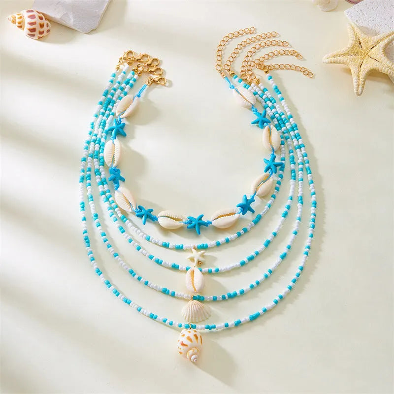 Women's 5-piece starfish shell bead necklace set with adjustable perimeter