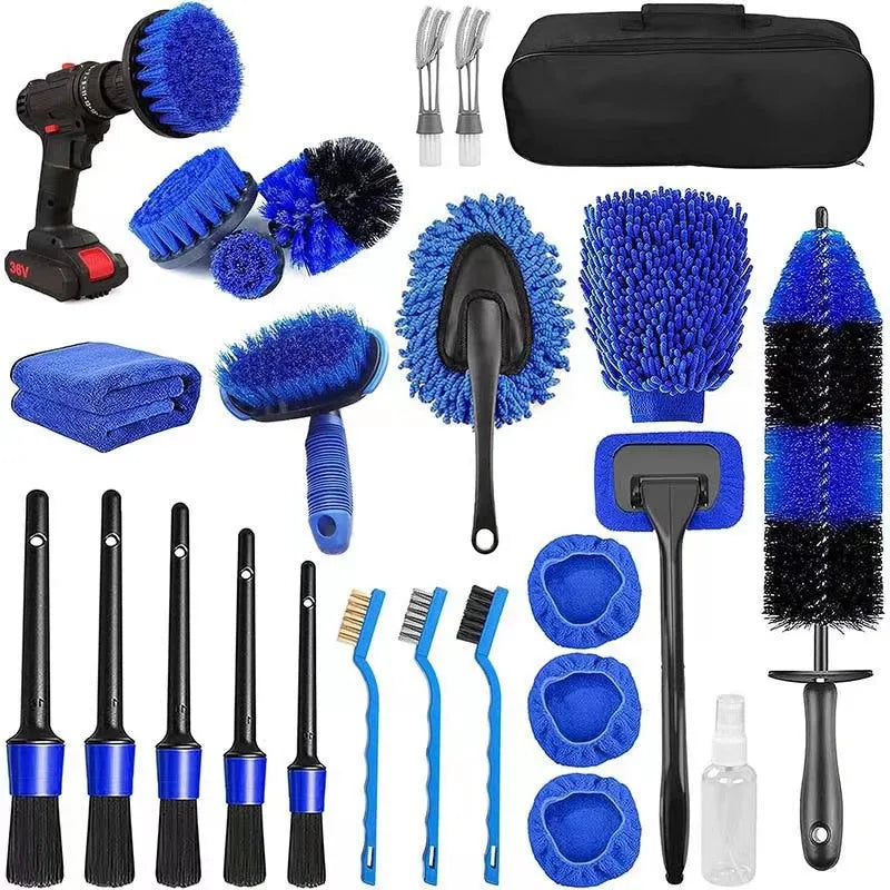 26-piece car cleaning brush set with telescopic handle and various brush heads