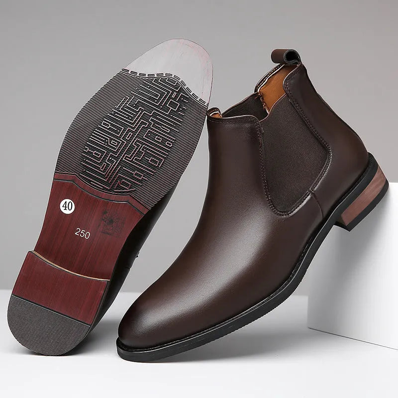 Men's Chelsea boots in black and light brown with pointed toe and mid-calf height