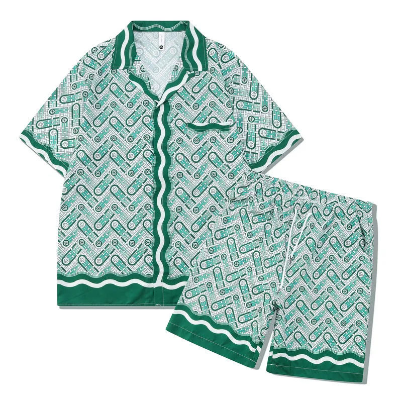 Plaid patterned beach shirt and trousers outfit set for men and women in polyester fabric