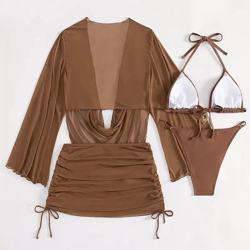 Dark brown sleeveless lace-up backless women's swimsuit on a mannequin