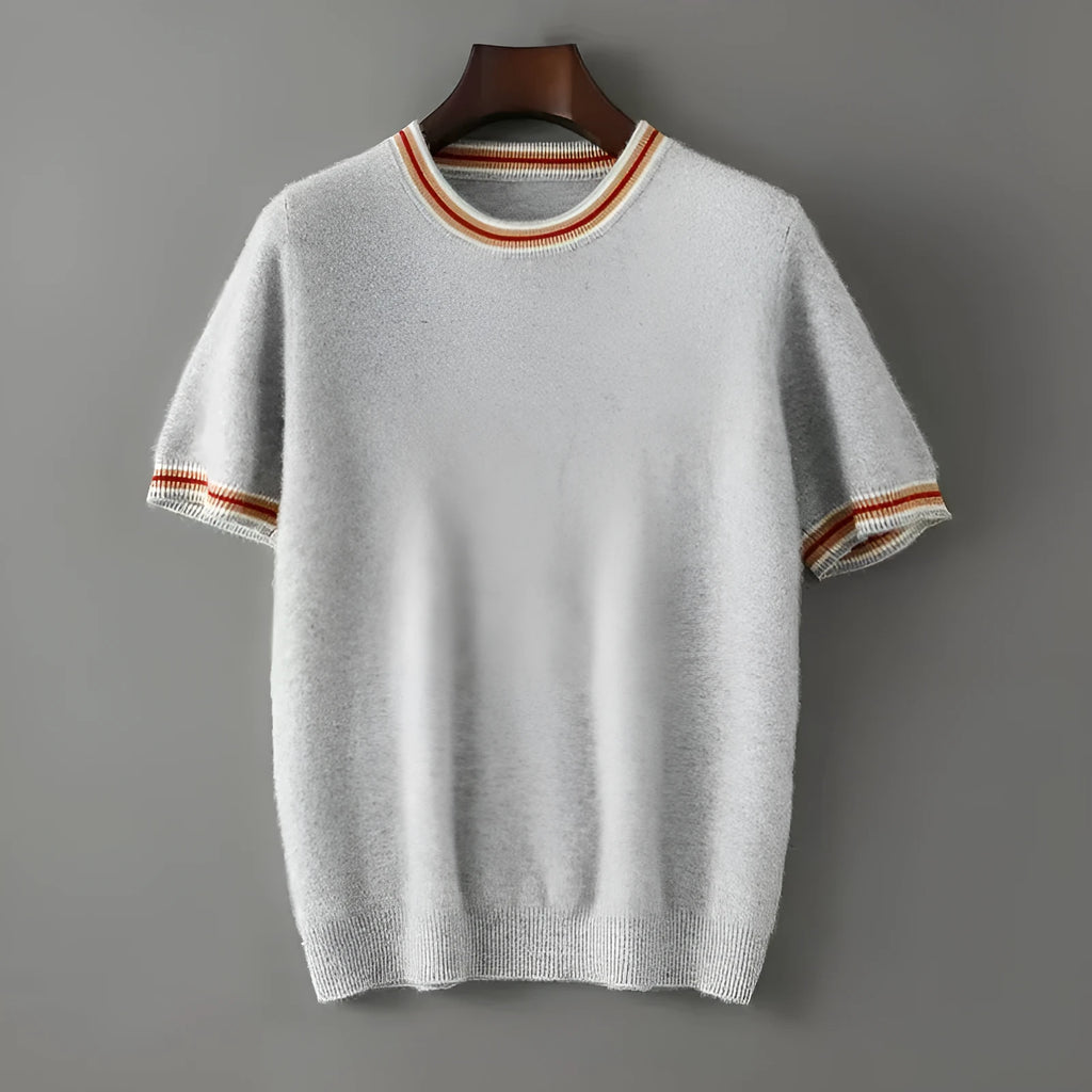 Men's grey round neck short sleeve pure wool pullover sweater on a hanger.