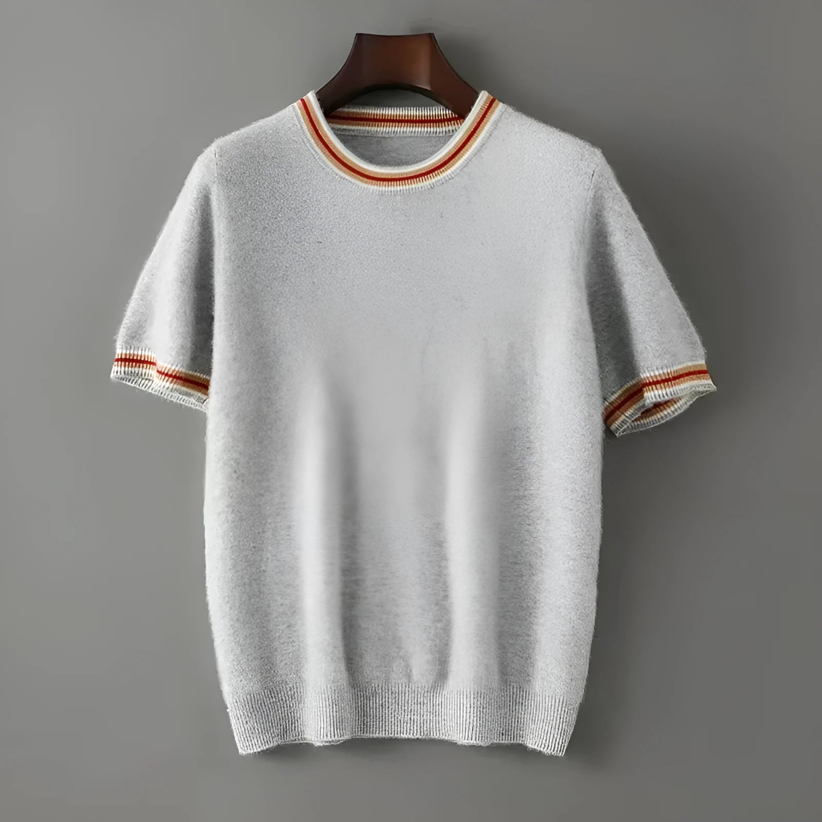 Men's grey round neck short sleeve pure wool pullover sweater on a hanger.