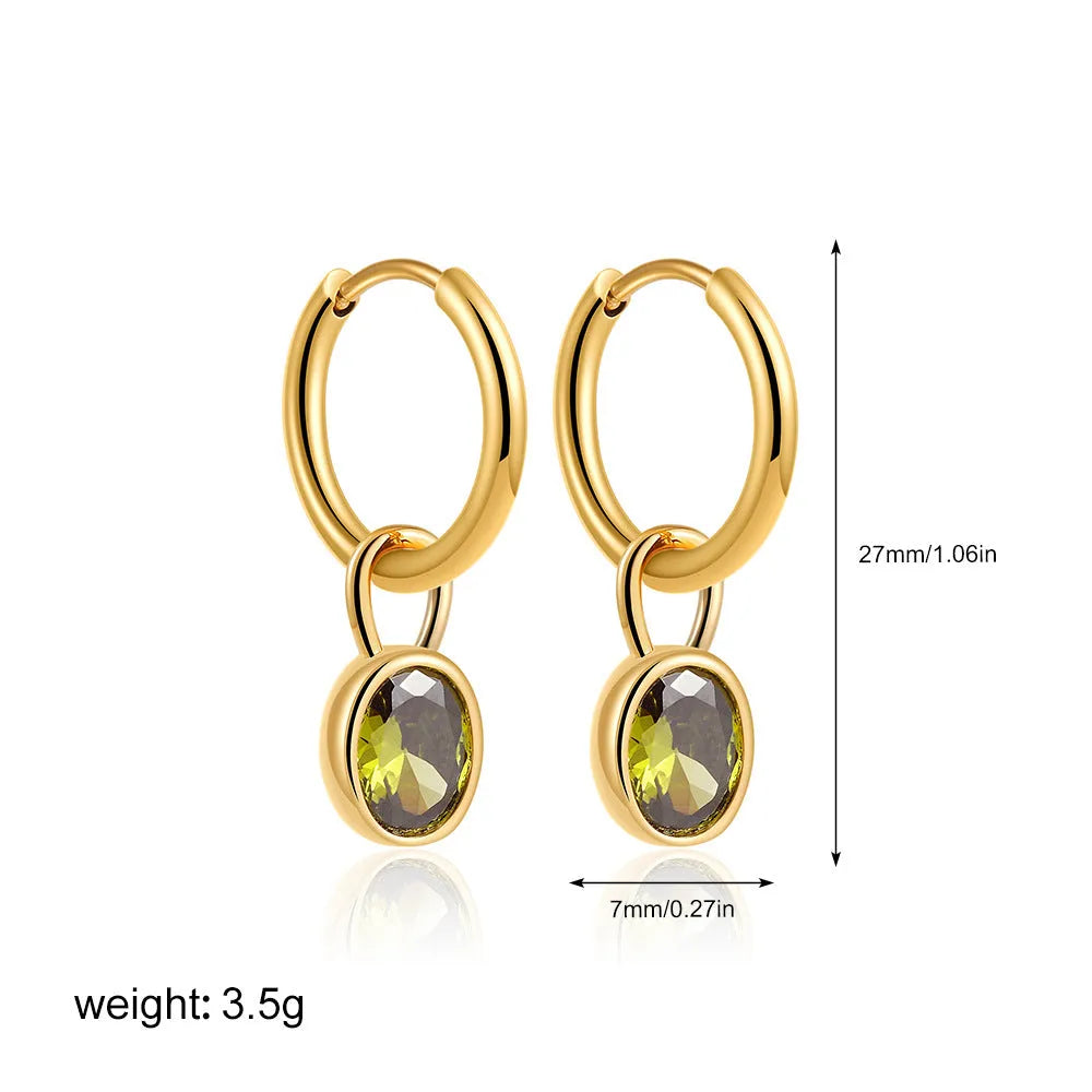 Women's retro oval drop earrings with zircon, shown in an Army Green colour option.