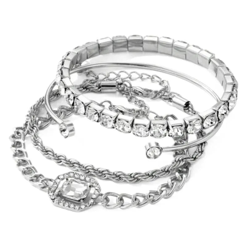 Four geometric retro-style alloy bracelets with square diamond design in gold and silver colours