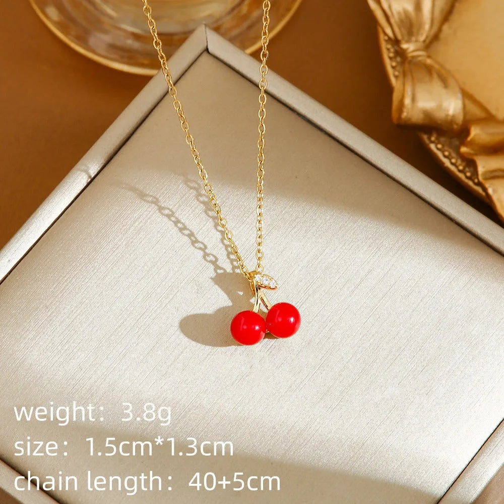 Women's titanium steel necklace with O-ring chain and indie style strawberry, cherry and pepper pendant charms