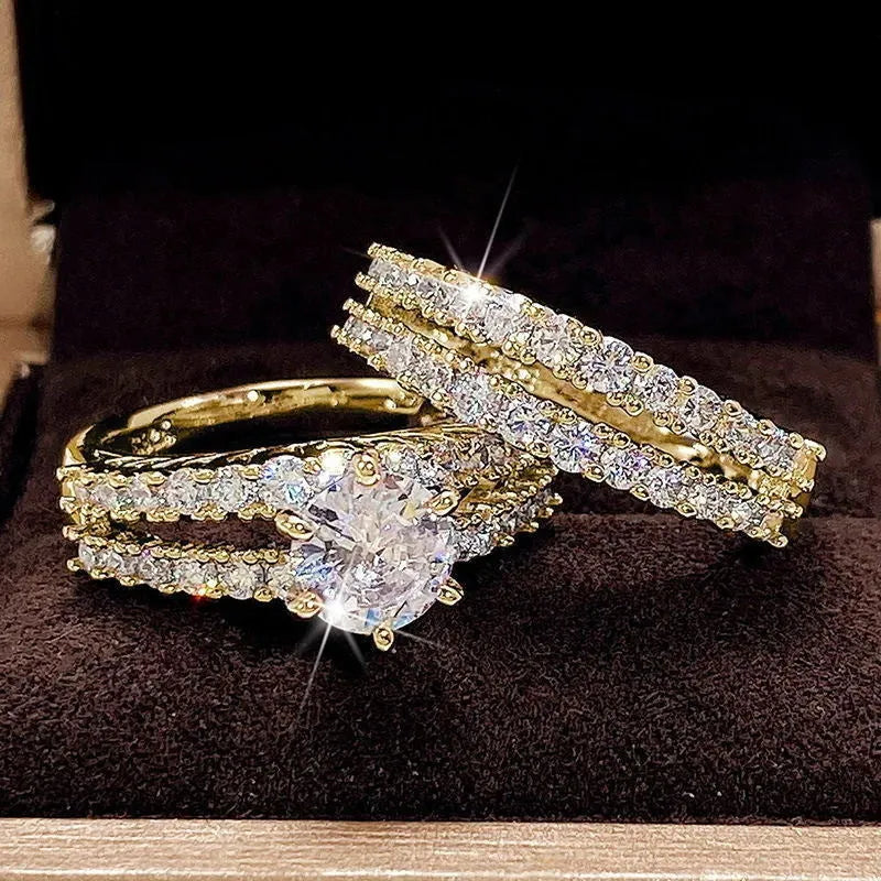 Geometric fully-jewelled female ring set in silver, gold, and rose gold colour options on a size chart.